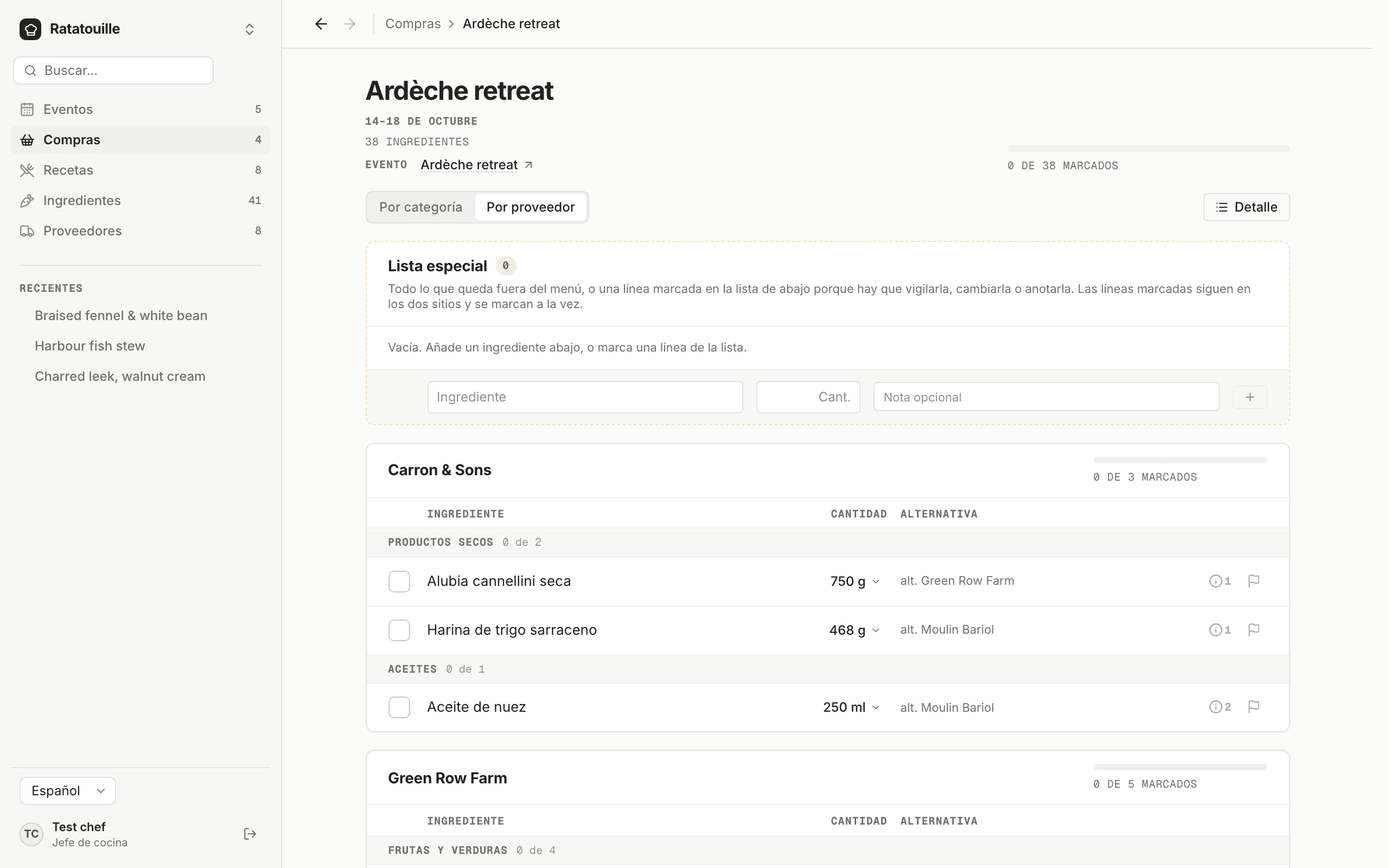 Una lista de la compra en Grammi Chef, agrupada por proveedor, cada ingrediente en una línea con su total